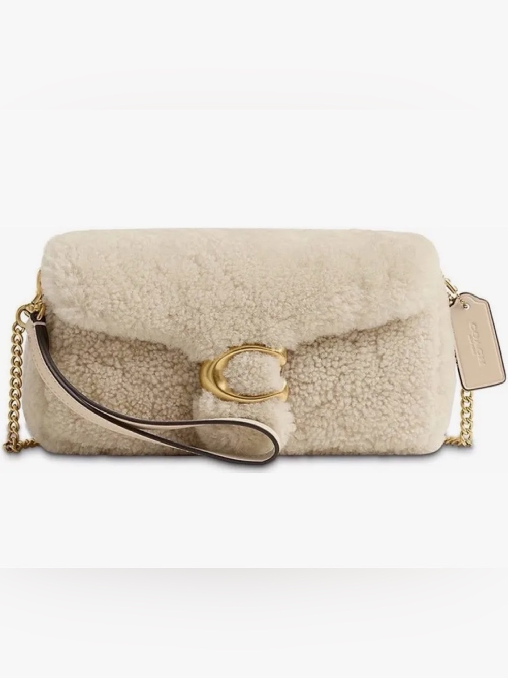 Coach Cream Shearling tabby chain crossbody 19 wristlet in shearling brass beige